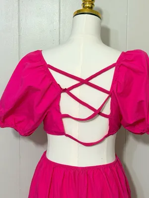 Zara Poplin Cut Out Puff Sleeve Midi Maxi Dress Fuchsia Pink Size M thumbnail 6