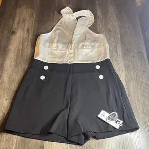 Retro Stage Pinup Romper Ivory Halter Top with Black Sailor-Style Short thumbnail 1
