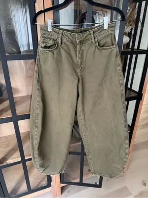 Zara barrel leg jeans pants high rise baggy olive green denim pockets cargo thumbnail 4