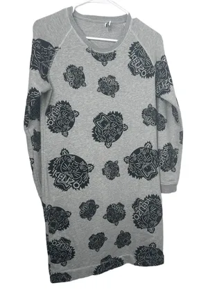 Kenzo Women’s Grey Flocked Velvet Tiger Logo Fleece Sweatshirt Dress-Size Large thumbnail 1