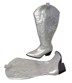 Metallic Silver Knee High Western Boots Womens 8.5 Vegan Leather Western‎ Rodeo thumbnail 1