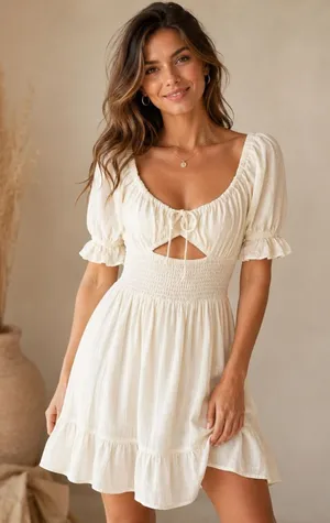 Sabo Mini Dress Women XS Ivory Linen Blend Smocked Puff Sleeve Boho Peasant thumbnail 1