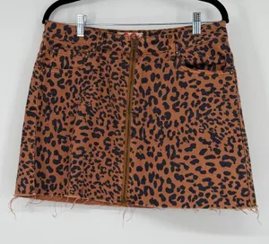 We The Free Free People‎ Leopard Print Denim Mini Skirt Brown Size 30 Raw Hem thumbnail 1