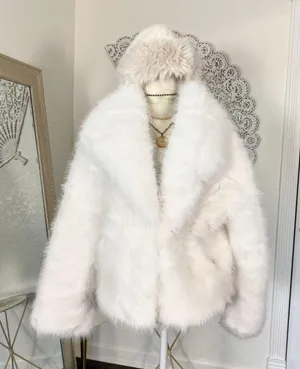NEW Elegant Old Money Mobwife White Faux Fur Jacket & Hat Boom Instanbul L thumbnail 1