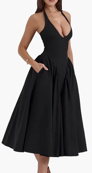 NEW HOUSE OF CB Marilyn Halter Black Midi Dress sz S thumbnail 1