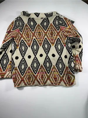 Open-Front Geometric Cardigan in Cream and Black with Rust Accents thumbnail 6