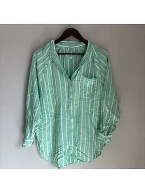 Aerie Green White Striped Linen Blend Button Down Shirt Oversized Medium thumbnail 2