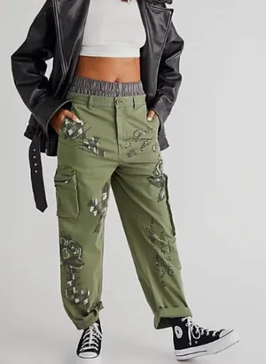 Free People "Every Rose" Zippered Cargo Graffiti Pants 8 thumbnail 1