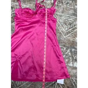 Hot Pink Satin Lace Slip Mini Dress NWT Size Small Ruched Spaghetti Strap Party thumbnail 12