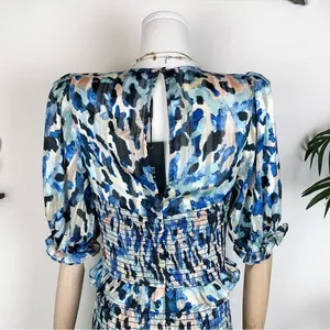 Elliatt Incubus Smocked Short Sleeve Mini Dress in Blue Multi Size Small NWT thumbnail 12