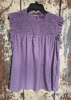 Jodifl Smocked Ruffle Sleeveless Top - Purple Pattern size small thumbnail 1