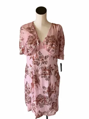 NWT R&M Richard Sequin Floral Cocktail Dress with Sheer Overlay Cape Rose 12P thumbnail 6