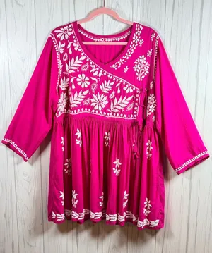 EMBROIDERED Boho Tunic Dress Bright Fuchsia and White, fits XL thumbnail 1