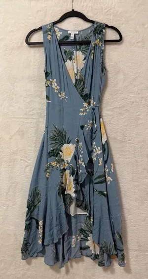 Leith Women XS Tropical Floral Faux Wrap High Low Ruffle Midi Dress Sleeveless thumbnail 1