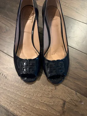 Tory Burch Navy Patent Lowell Peep Toe Wedge Heels Sz 7.5 thumbnail 3