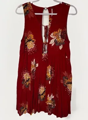 Free People Lovely Day Red Floral Tie Front Tunic Mini Dress S Boho Flowy Boxy thumbnail 1