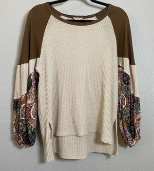 Umgee Patchwork Balloon Sleeve Top Small Waffle Knit Autumn Fall Bohemian Boho thumbnail 1