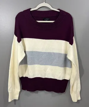 NWT Lucky Brand Burgundy cream gray Striped Sweater thumbnail 1