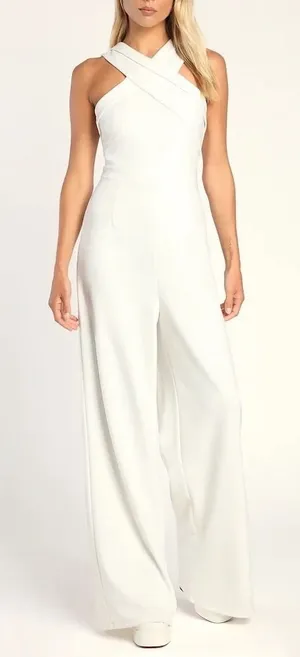 Lulus Criss-Cross Your Mind Jumpsuit Women Small White Stretch Back Zip Wide-Leg thumbnail 1