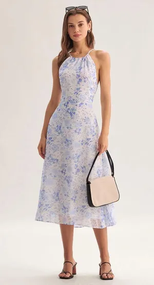 Rihoas Blue Floral Halter Midi Dress thumbnail 1