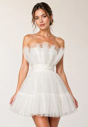 Katie May Elle‎ XS Ivory Tulle Strapless Mini Dress Ruffle Bridal Wedding Guest thumbnail 1