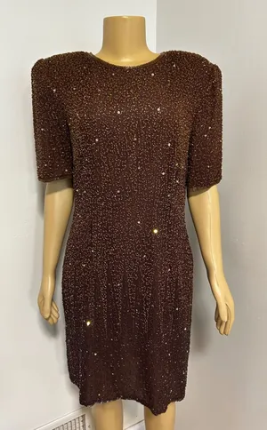 Stenay Vintage Brown Silk Beaded Sequin Sheath Cocktail Dress XL Shoulder Pads thumbnail 1