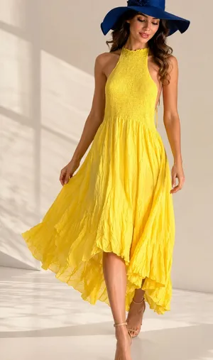 CHICME Yellow Halter Maxi Dress XL Smocked Back thumbnail 1