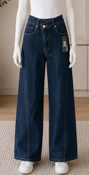 Madden NYC Womens Wide Leg Jeans Crossover Waist Blue Denim Medium 8-10 thumbnail 1