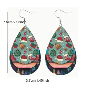 Set of 2 Christmas Teardrop Reversible PU Leather Hook Earrings, New! thumbnail 3
