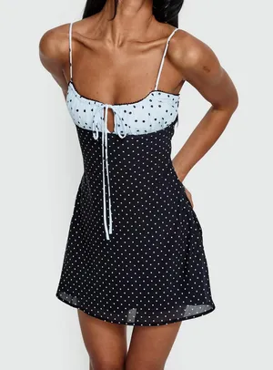 Princess Polly Rylann Contrast Tie Detail Mini Dress Navy / Blue Polka thumbnail 1
