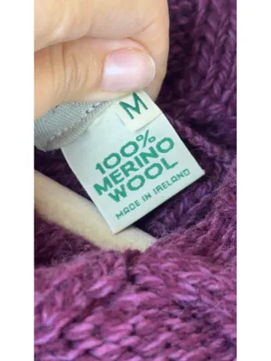 Aran Sweater Market 100% Merino Wool Cable Knit Cowl Neck Purple Sweater M thumbnail 3