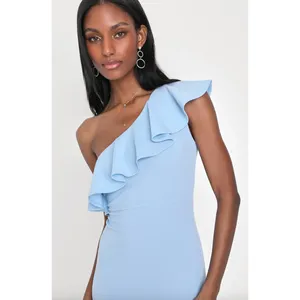Lulus Last Forever Powder Blue One-Shoulder Ruffle Maxi Dress Formal Small NWT thumbnail 3
