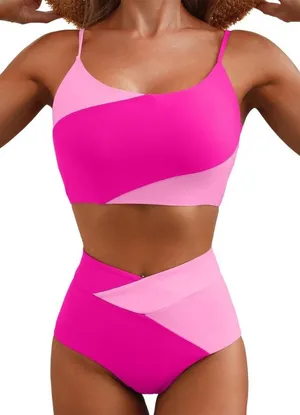 NWT Hot Pink Colorblock 2 Piece High Waisted Scoop Neck Bikini Set- Medium‎ thumbnail 1
