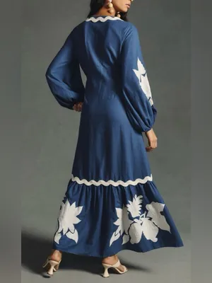 Farm Rio Navy Blue White Floral Embroidery long sleeves Maxi Dress S XS thumbnail 2