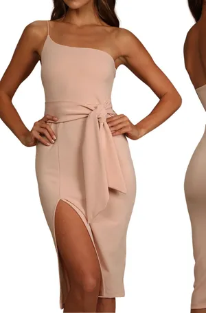 Lulus One Shoulder Club Scene Bodycon Midi Dress XL Pink Party Wedding Guest New thumbnail 1