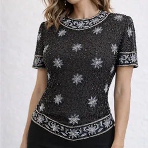 Vintage Cote d’Azur Black Beaded Top | Silk Floral Embroidery size small thumbnail 1