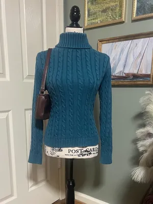 Vintage L.L. Bean cable knit pullover turtleneck sweater Size Medium Blue thumbnail 1