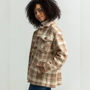 LOVE TREE Beige Plaid Sherpa Womens Shacket thumbnail 2