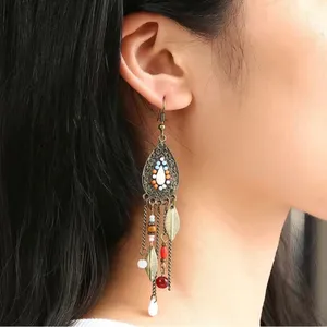 Boho Vintage Style Beaded Fringe Dangle Chain Feather Earrings *Faux Fashion Je thumbnail 1
