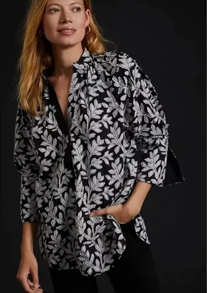 NWT By Anthropologie Popover Blouse Embroidered Applique Top Black‎ White Sz S thumbnail 1