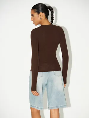 Commense Bra-Free Built-In Padded V-Neck Long Sleeve Top Dark Brown XS NWT thumbnail 2