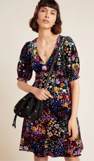 Anthropologie Multicolor Floral V-Neck Puff Sleeve Velvet Francie Mini Dress thumbnail 1