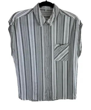 Anthropologie‎ WAYF Striped Lightweight Sleeveless Collared Rayon Button Up Sz L thumbnail 1