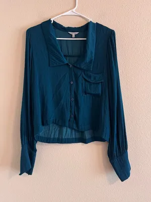 Naked Zebra Teal Button-Front Long Sleeve Blouse thumbnail 1