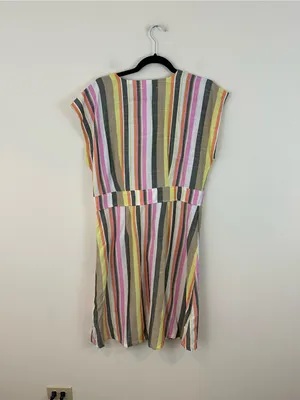 LOFT Multicolor Striped Button-Front V-Neck Dress Midi Length Size 12 NWT thumbnail 6