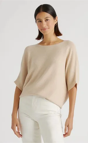 Quince Heather Oatmeal Lightweight Cotton Cashmere Link-Stitch Dolman Sweater L thumbnail 1