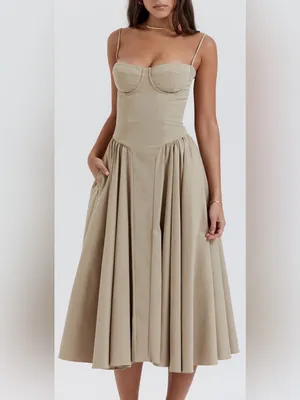 NEW House OF CB Samaria Corset Fit & Flare Midi Dress Taupe sz L thumbnail 2