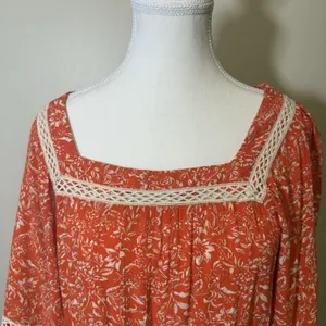 Free People XS Orange Boho Print Tunic Top Blouse W Ivory‎ Crochet Trim Tiered thumbnail 3