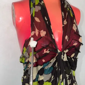Carlisle Silk Halter Dress Womens 6 Brown Floral Handkerchief Hem Midi Wedding thumbnail 3