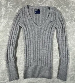 Y2K American Eagle V Neck Fitted Cable Knit Sweater Women Medium Gray Preppy thumbnail 1